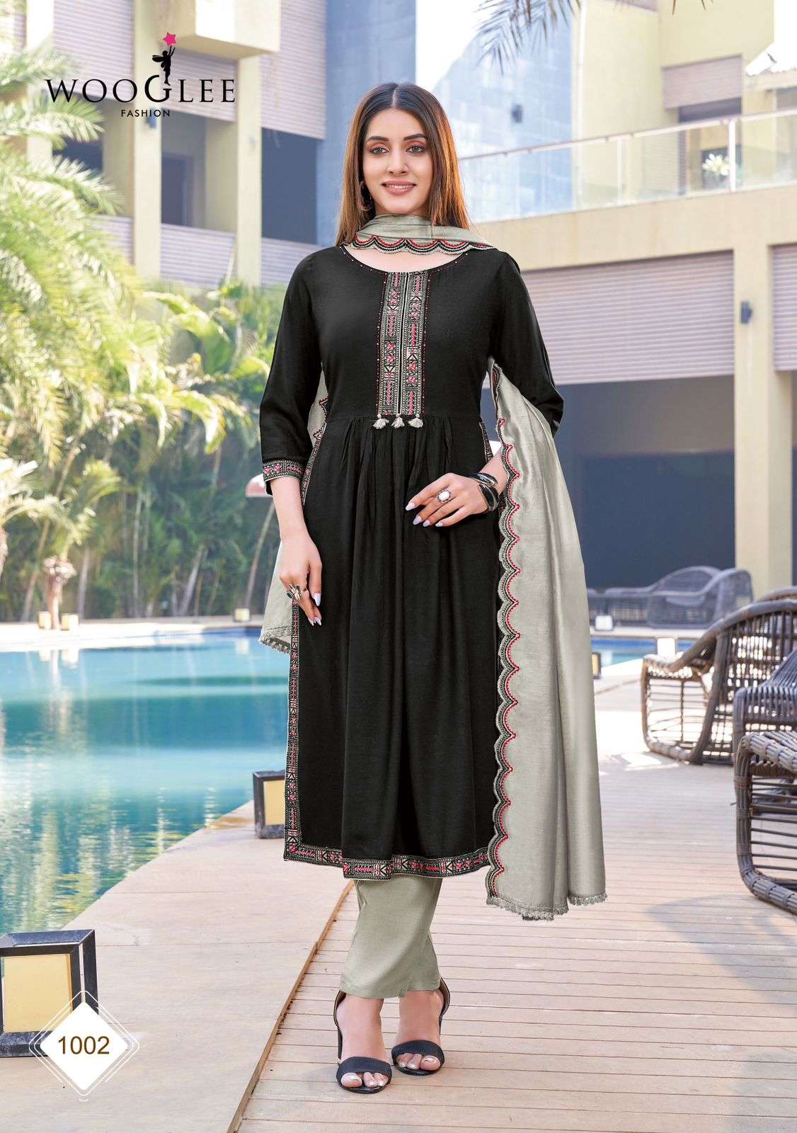 CORAL RAYON WEAVING KURTI WITH COTTON LYCRA PANT AND CHANDERI DUPATTA WITH WORK BY WOOGLEE BRAND 1002